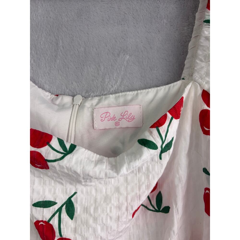 Pink Lily White Cherry Print Puff Sleeve Babydoll Mini Dress - Size XS - Picture 6 of 8